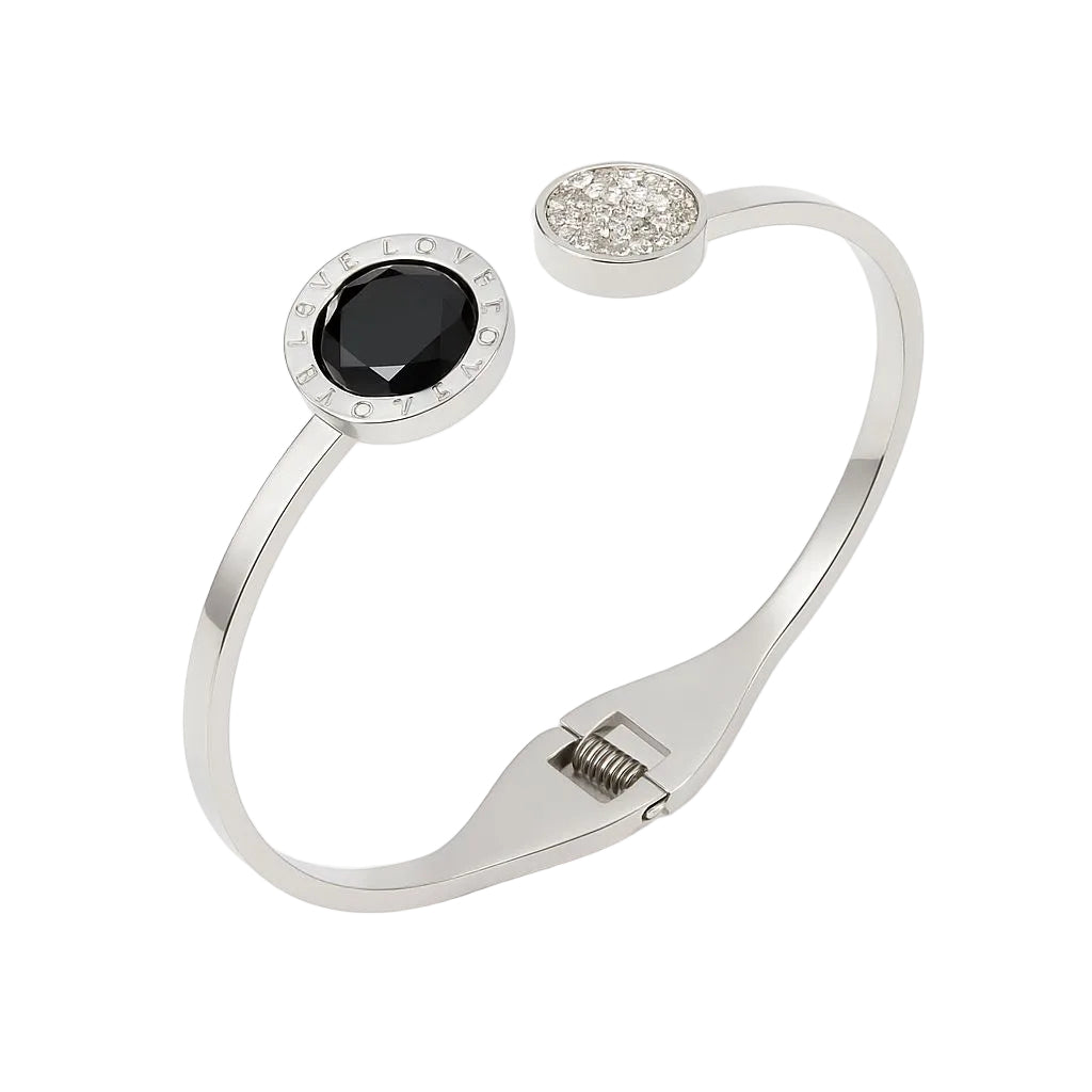 Open Love Bangle – Stainless Steel & Black Stone