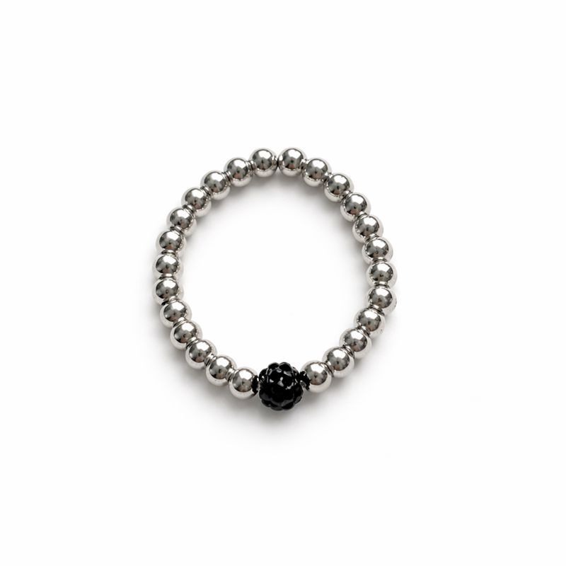 Silver Beaded Ring with Black Crystal Ball