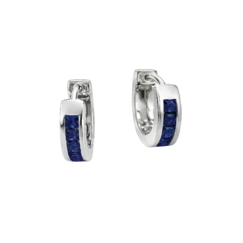 Silver Huggie Earrings with Blue Stones