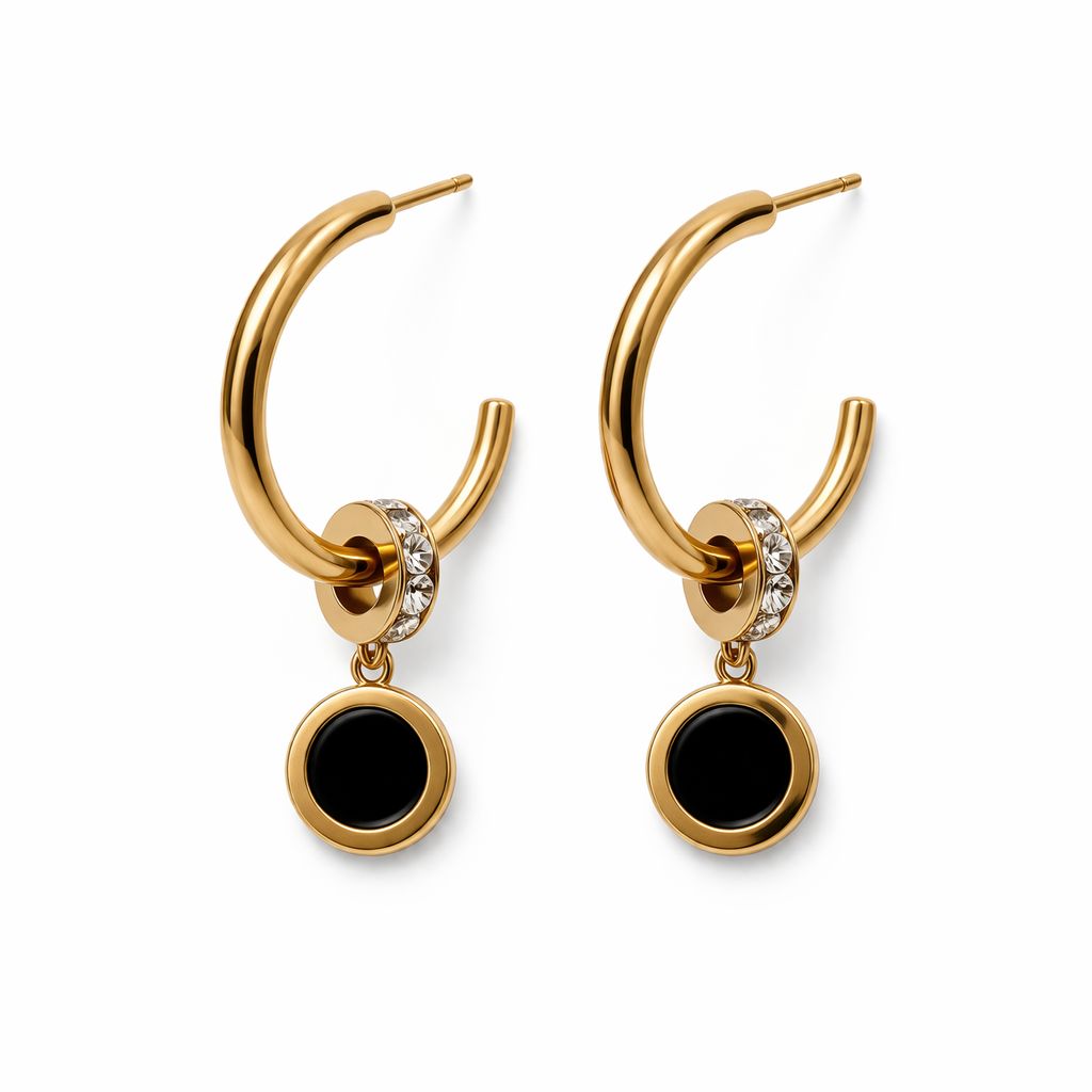 Gold Black Drop Hoop Earrings