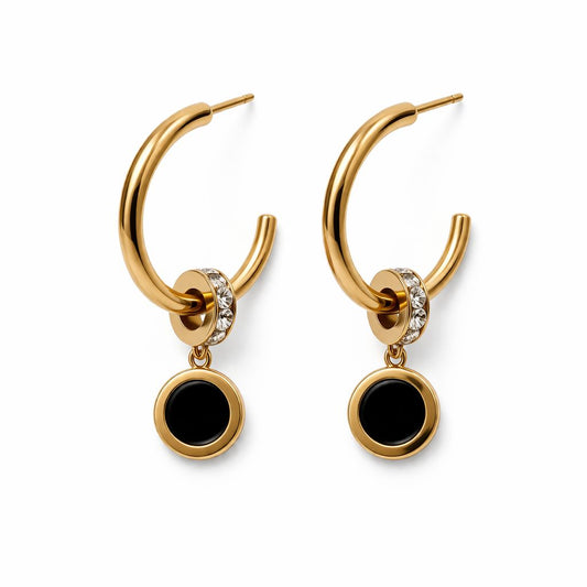 Gold Black Drop Hoop Earrings