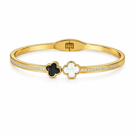 Stainless Steel Gold Clover Crystal Bangle
