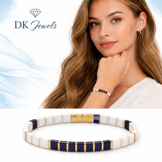 Blue & White Stainless Steel Stretch Bracelet