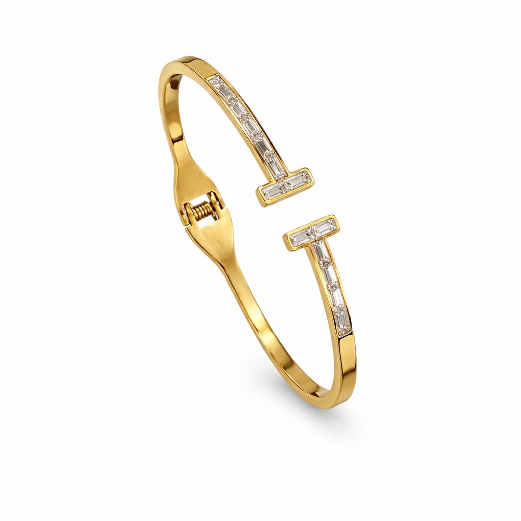 Gold Stainless Steel Crystal T-Bar Bangle