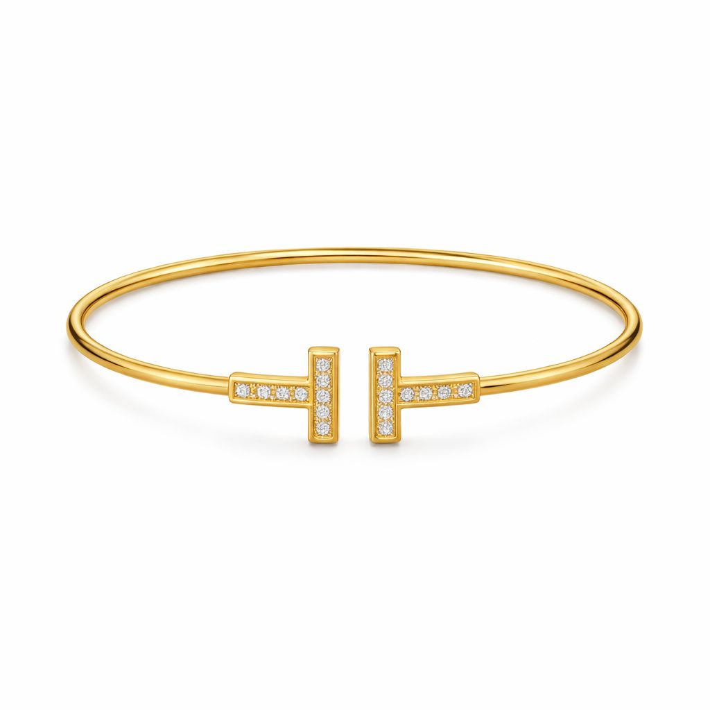 Gold Stainless Steel Double T Crystal Bangle