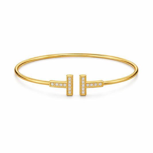 Gold Stainless Steel Double T Crystal Bangle