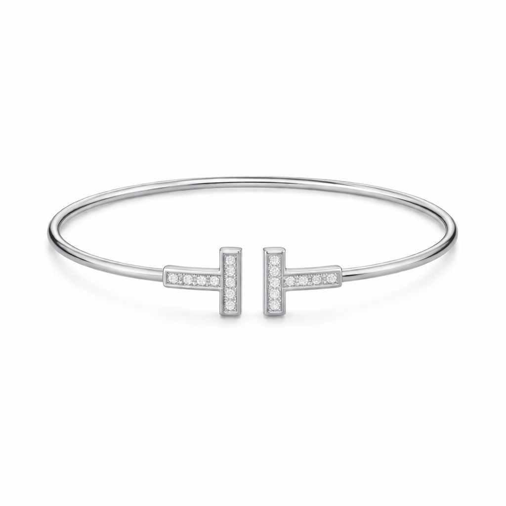 Silver Stainless Steel Double T Crystal Bangle