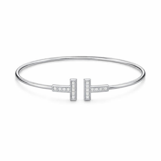 Silver Stainless Steel Double T Crystal Bangle