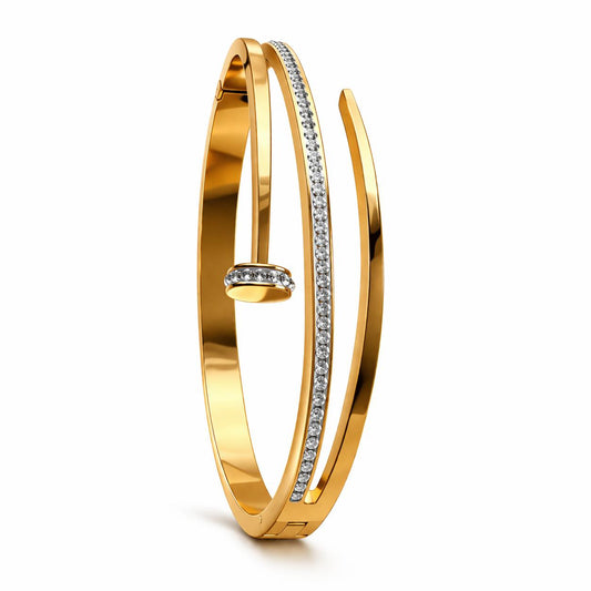 Luxury Gold Stainless Steel Nail Bangle with Crystal Accents