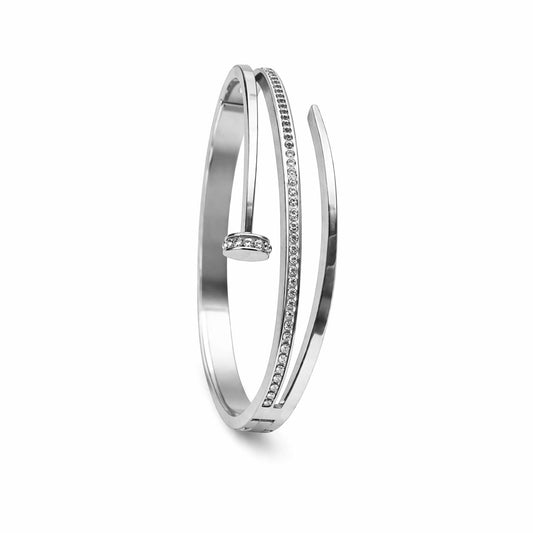 Luxury Silver Stainless Steel Nail Bangle with Crystal Accents