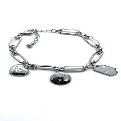 Stainless steel charm bracelet.