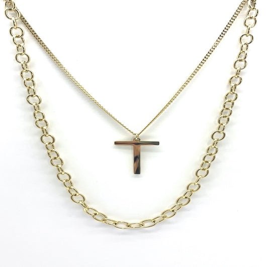 stainless steel double layer with cross pendent (Gold Tone)