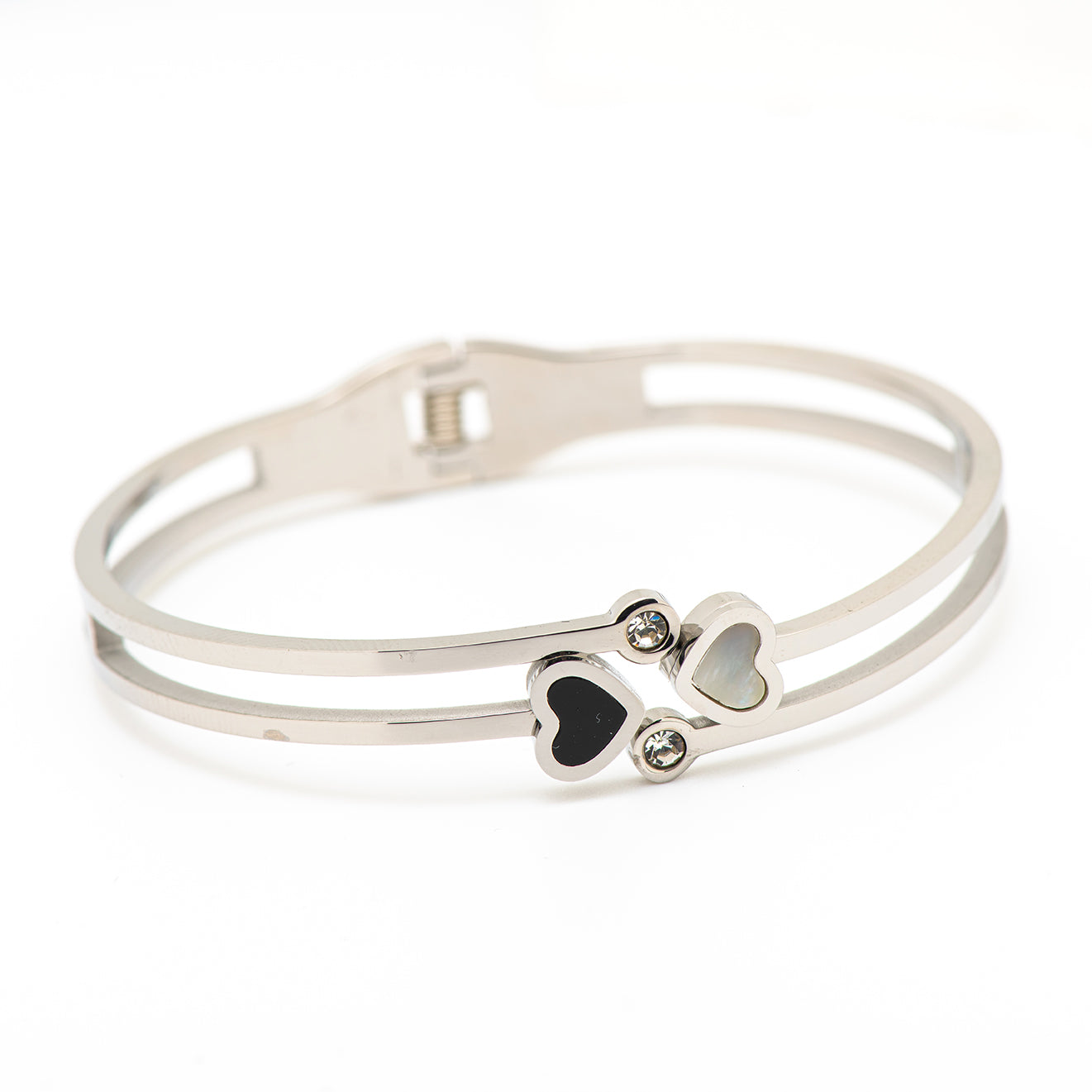 stainless steel bangle with 2 hearts.