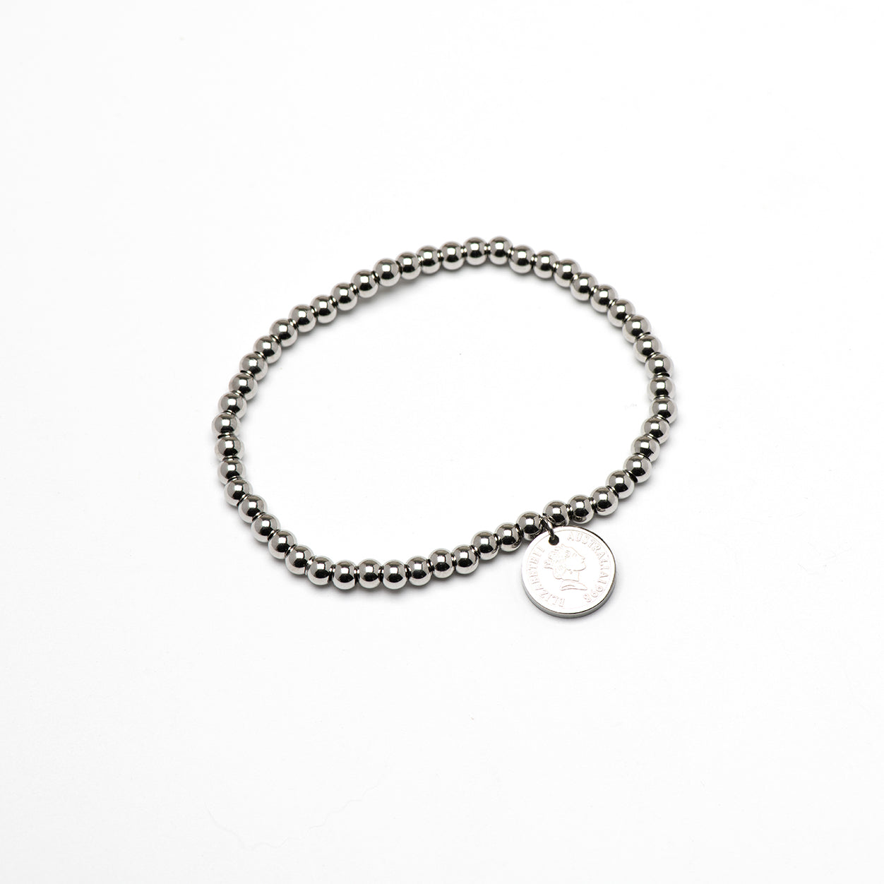 stainless steel bead bracelet with coin.