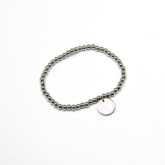 stainless steel bead bracelet with coin.