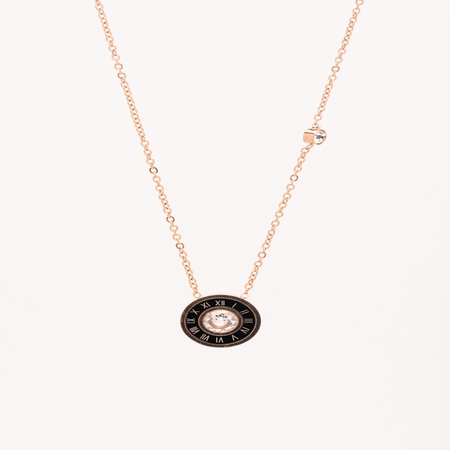 Roman numerals and Cubic Zirconia necklace in Rose gold.